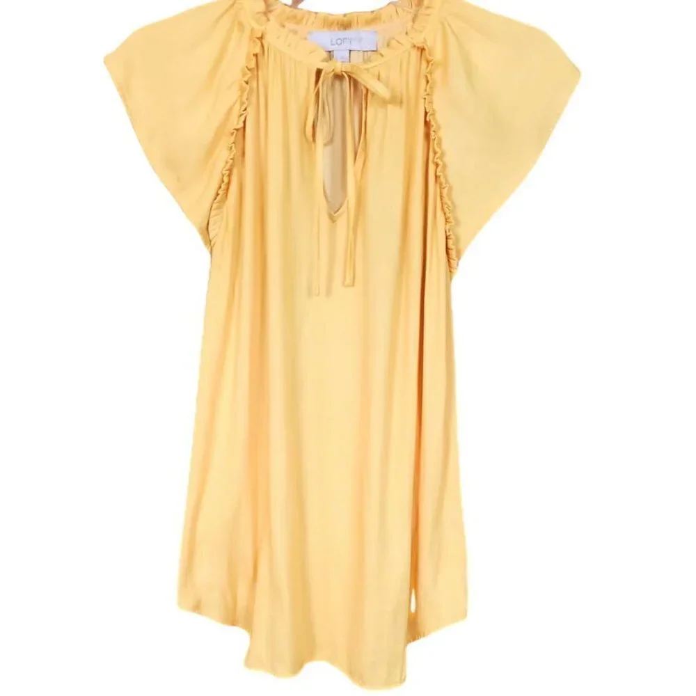 🚨037 LOFT Ruffle Tie Neck Peasant Yellow Top